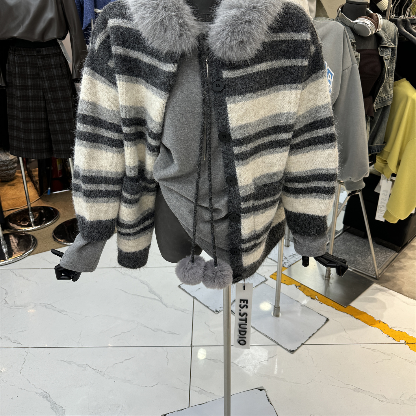 韩版新款复古慵懒毛领连帽撞色条纹毛衣女秋冬百搭宽松针织衫上衣