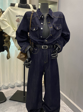 韩版新款复古蓝色水洗牛仔连体裤小众高腰气质长袖阔腿裤连身衣女