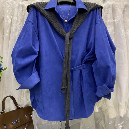 纯色鹿皮绒宽松长袖衬衫披肩套装