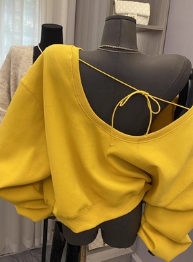 韩版纯欲慵懒宽松显瘦露肩套头卫衣休闲百搭纯色长袖绑带长袖上衣