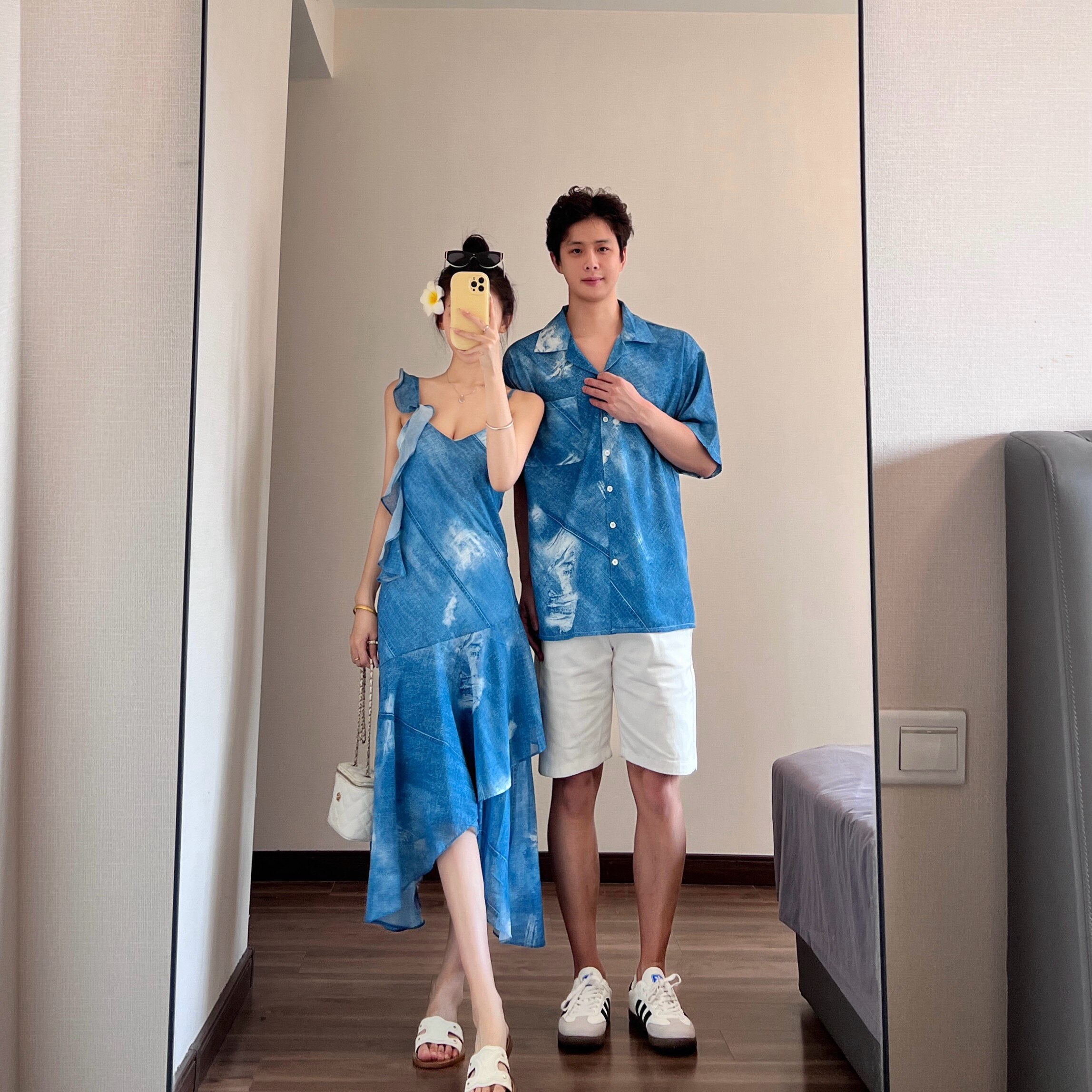 情侣装2026夏季设计感不规则荷叶边连衣裙海边度假风长裙一裙一衣