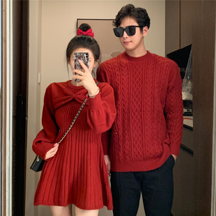 高级感一衣一裙红色蝴蝶结毛衣针织衫 情侣装 结婚领证订婚新年衣服