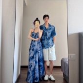 衬衫 情侣装 蓝色扎染吊带连衣裙大理度假短袖 法式 一裙一衣 2025夏季