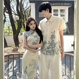 情侣装2026夏季青花瓷印花新中式改良旗袍短袖收腰连衣裙一裙一衣