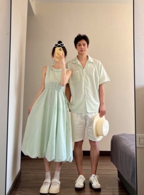 情侣装2026夏季日氛围感薄荷绿收腰背心连衣裙海边度假显瘦花苞裙