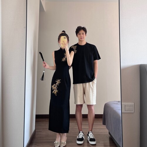 新中式情侣装国风复古旗袍连衣裙