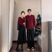 订婚领证穿搭套装 情侣装 2025秋冬设计感蝴蝶结红色毛衣跨年针织衫