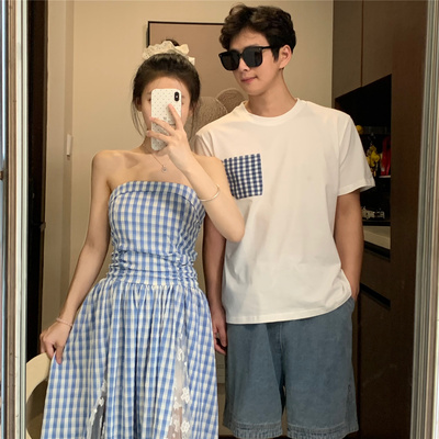 情侣装潮流蓝色格子连衣裙小清新