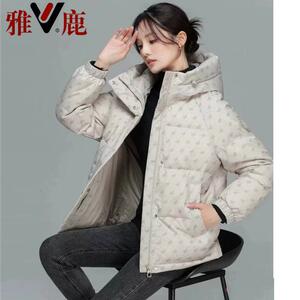 雅鹿短款羽绒服连帽女2024年冬面包服90白鸭绒加厚老花大码正品潮