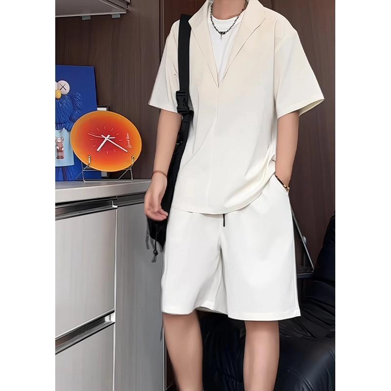 夏季透气假两件衬衫短裤套装休闲男短袖小众纯色上衣裤子两件套