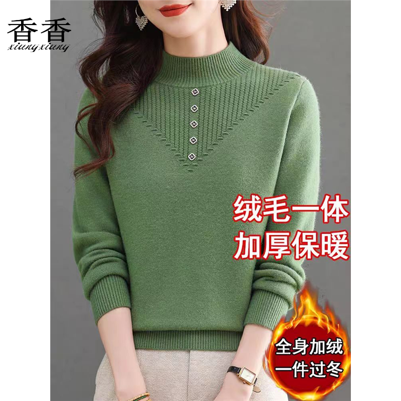 加绒半高领打底衫女2025秋冬新款加厚一体绒内搭百搭减龄保暖毛衣