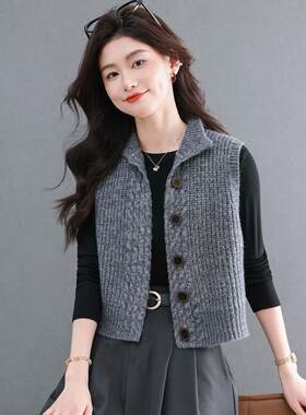 新款粗毛线无袖针织开衫女士小个子短款春秋马甲翻领背心毛衣外套