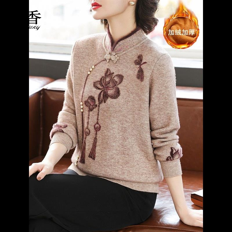 妈秋冬季国风加绒厚毛衣中