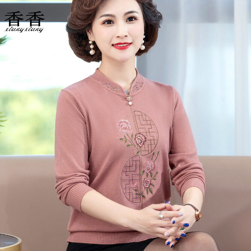 新款气质妈妈春秋冬针织毛衣打底衫宽松中老年人女装长袖遮肉上衣