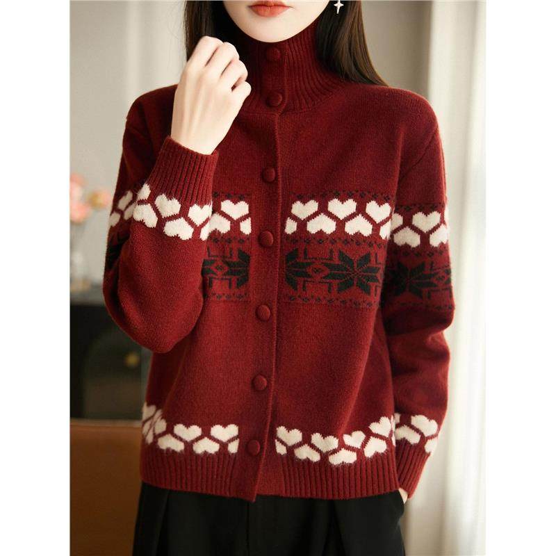 高领复古费尔岛提花针织长袖开衫2026新款洋气女装上衣春秋冬毛衣,女装/女士精品,毛针织衫,淘宝优惠券,粉丝福利购,淘宝优惠卷