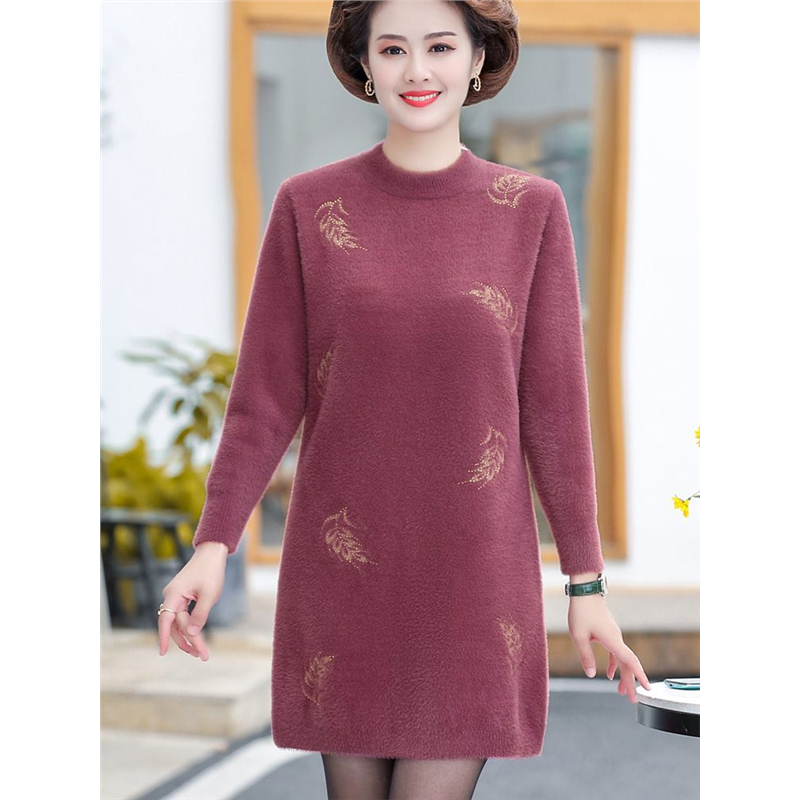 妈妈冬装针织打底衫半高领毛衣裙中老年人女装保暖毛衣中长款加厚