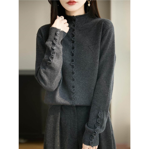 韩版时尚半高领提花纽扣针织衫女秋冬宽松加厚毛衣软糯打底衫毛衣