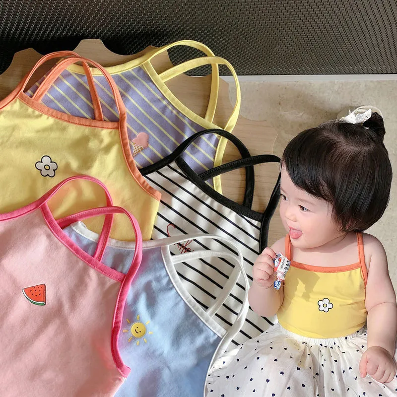 2025新款夏季宝宝交叉吊带衫可外穿条纹可爱女童上衣小背心T恤潮