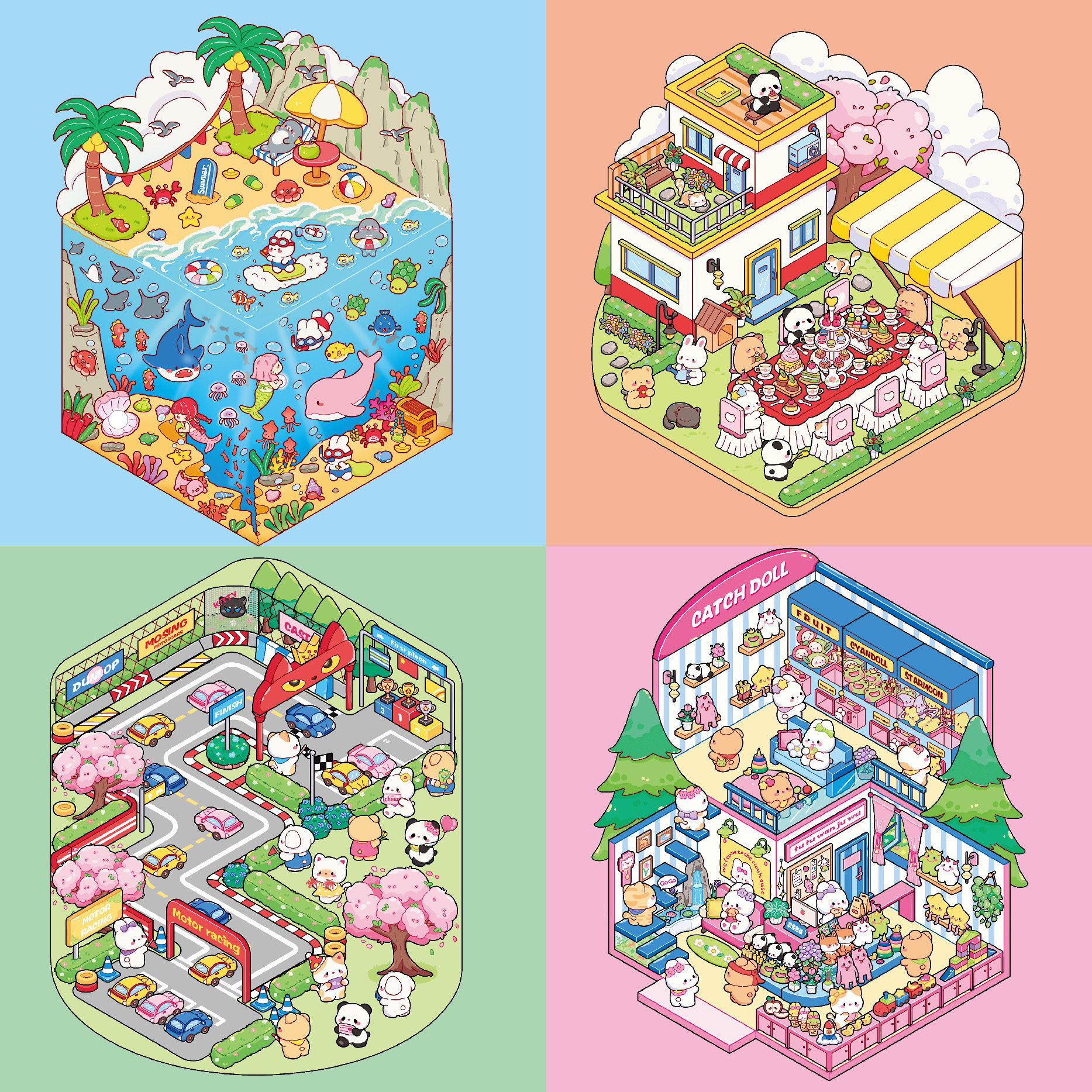 ins甜心造景贴纸卡通可爱3D微缩场景立体贴纸解压创意PET手账贴画