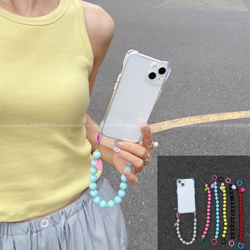 ins马卡龙珍珠手链条保护壳适用iPhone17promax手机壳15手拎绳苹果13四角挂孔14promax全包边16pro防摔plus软