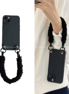 韩系ins简约毛绒手拎绳适用小米15手机壳civi4Pro全包边红米note14Pro情侣款k70防摔k60新款Turbo3可爱note13