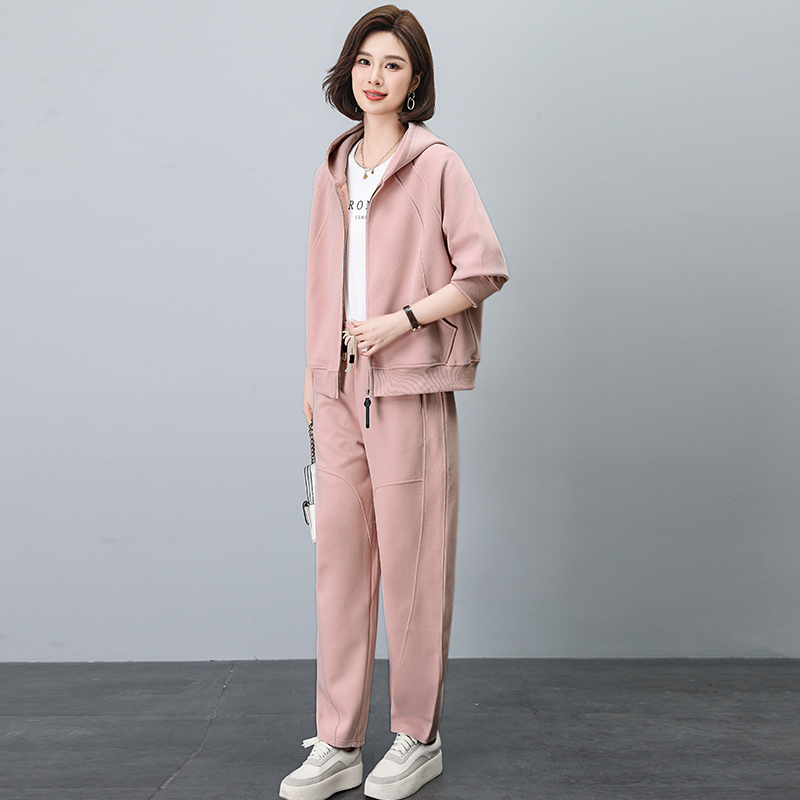 洋气套装女中年妈妈装连帽卫衣外套2025春秋新款大码运动服一整套