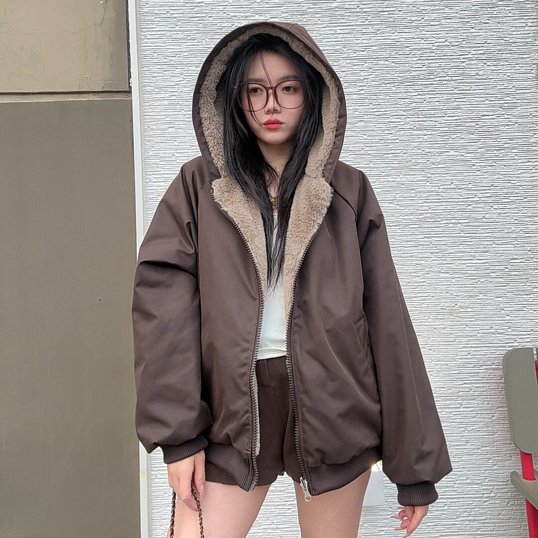 座山雕棉服女2026冬季爆款加绒加厚设计感棉衣双面穿韩版棉袄外套