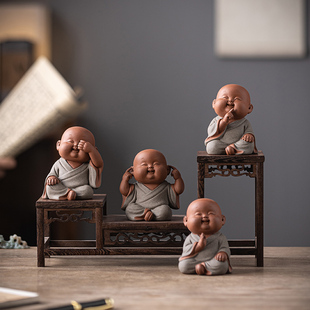 紫砂茶宠摆件精品可养茶盘桌面装饰三不小和尚功夫茶具茶配件