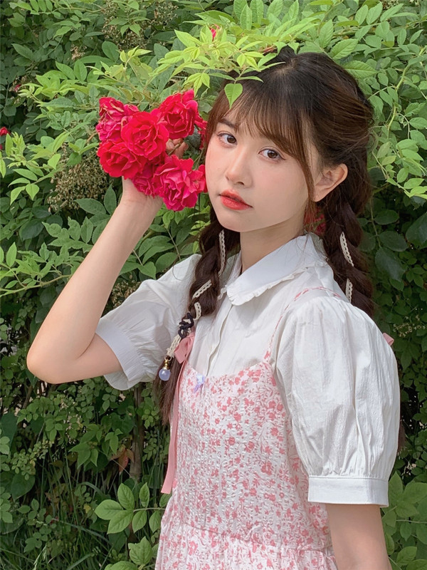 Real price Korean girls' Pink White Floral sweet suspender dress + bubble sleeve white shirt