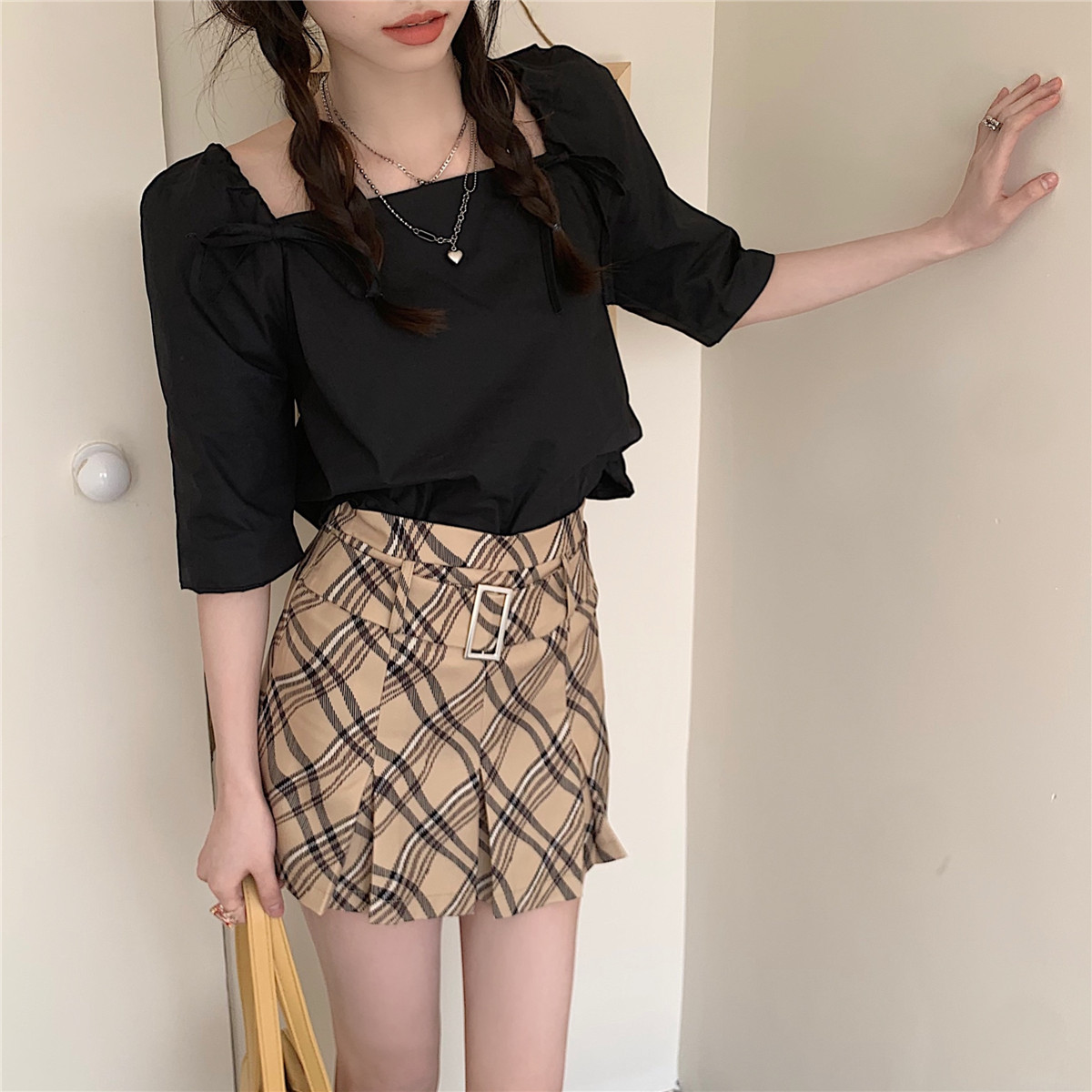 實拍實價 韓系鬼馬少女系帶方領兩色五分袖上衣襯衫