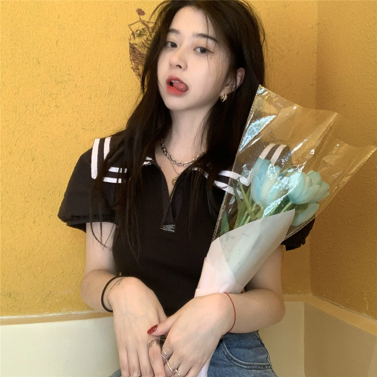 Real shooting and real price pure schoolgirl Han Department Navy collar academy style short sleeve top