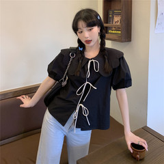 Real price Korean petal collar double layer bubble sleeve lace up short sleeve shirt top