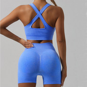 健身服女文胸蜜桃提臀瑜伽短裤 无缝针织运动瑜伽服套装 夏季