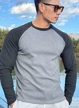 德绒长袖T恤男插肩袖拼色保暖潮牌休闲半门襟弹力套头打底衫上衣