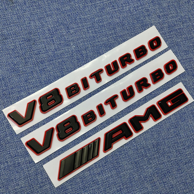 奔驰新款车标 改装黑红AMG字母尾标贴  V8 BITURBO侧标叶子板标志
