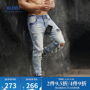 BLUESFLY男士 美式 高弹力健身牛仔裤 破洞修身 透气潮牌休闲运动长裤