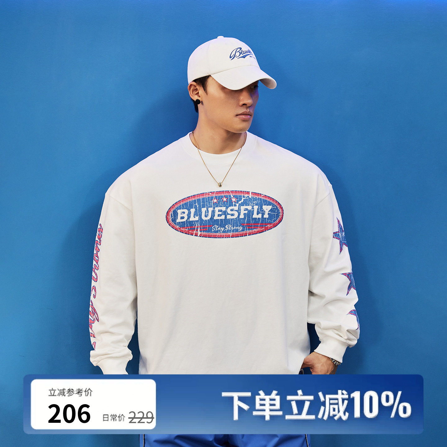 BLUESFLY美式复古爆裂纹印花长袖男女潮牌圆领宽松休闲运动T恤秋