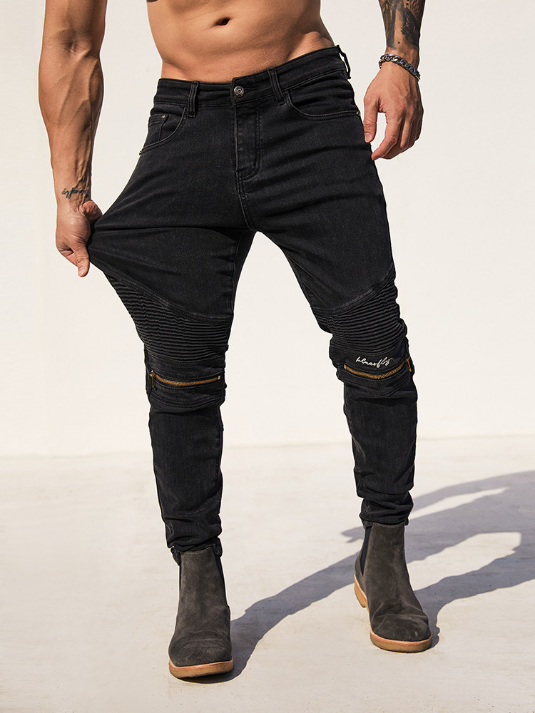 BLUESFLY 레트로 아메리칸 청바지 남성 트렌디한 무릎 지퍼 슬림핏 워싱 팬츠