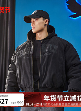 BLUESFLY美式做旧洗水夹克外套男冬加厚短款连帽工装bomber棉服