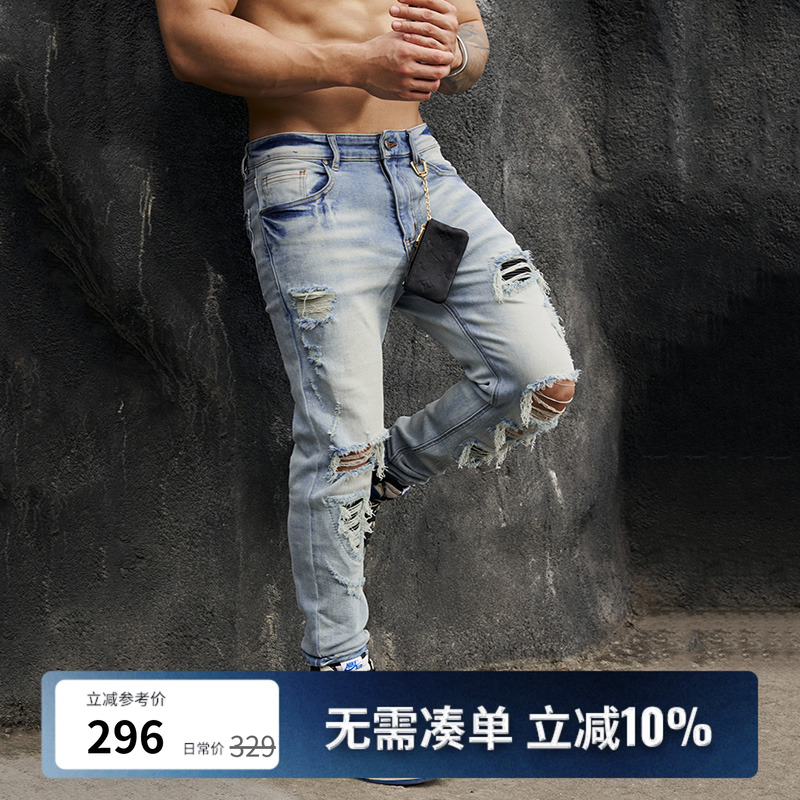 美式破洞高弹力健身牛仔裤