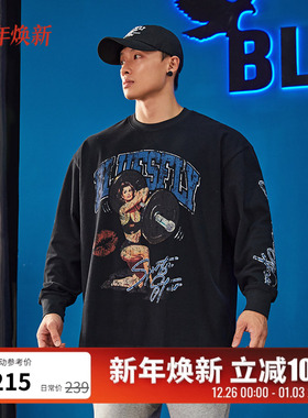 BLUESFLY健身长袖棉T恤男秋冬美式潮牌印花宽松休闲运动训练上衣