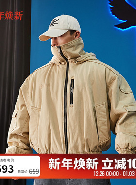 BLUESFLY美式水洗工装飞行夹克外套棉服男连帽立领冬加厚充棉保暖