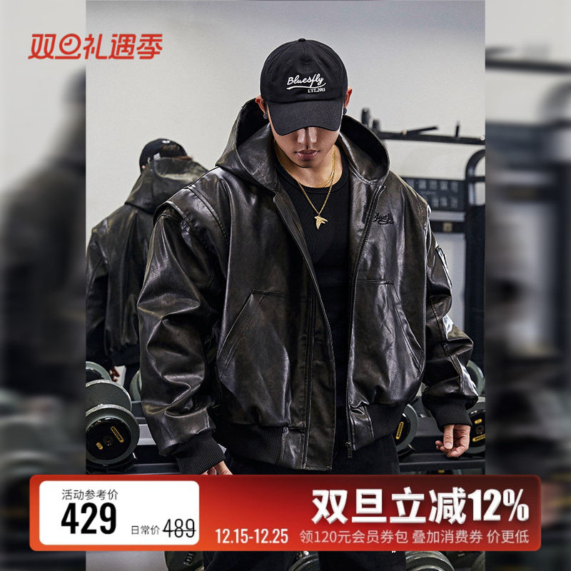 高级感美式bomber皮衣外套夹克男