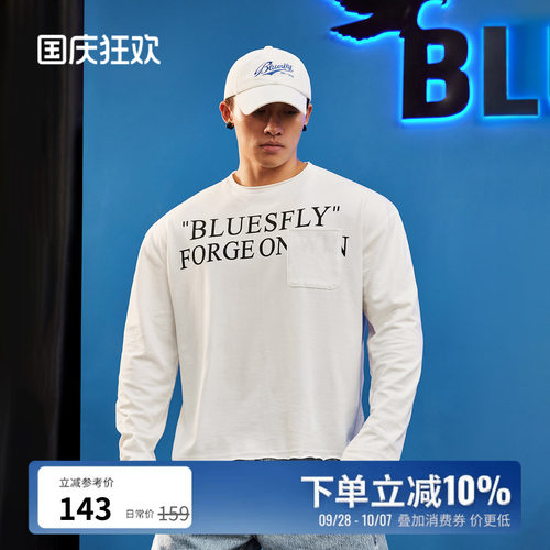 BLUESFLY美式潮牌破坏领长袖秋冬男宽松百搭休闲运动训练T恤上衣
