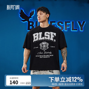 圆领宽松潮牌健身运动训练 t恤半袖 BLUESFLY美式 复古男女印花短袖
