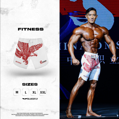 蒋坤志同款BLUESFLY雄鹰印花限量健体比赛裤男子速干健身短裤