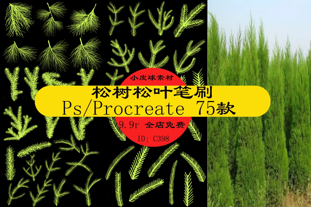 c398圣诞树松叶松树松针笔刷柏树氛围装饰ps/procreate绘画素材75
