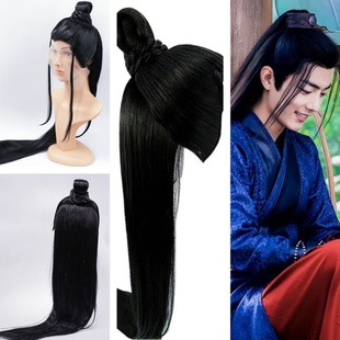 包邮古装男假发套长直发古风时尚发髻高温丝齐刘海黑色龙须全头套