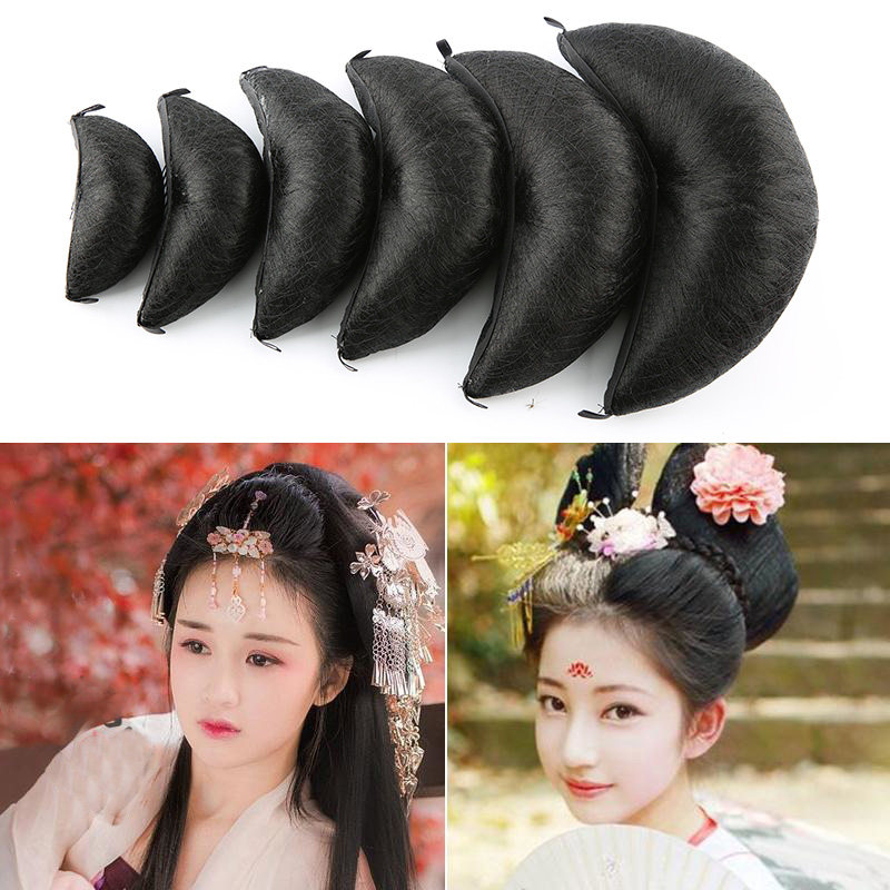 新款古装造型发包汉服万用混丝仙女牛角假发盘头光面弯月羊角发髻