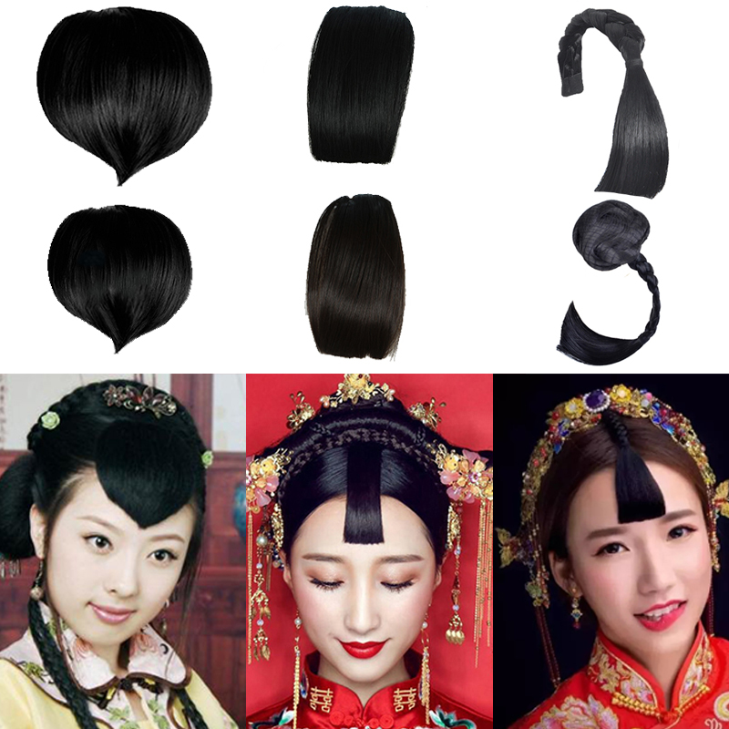 欣怡古装刘海假发新娘秀禾大小桃心流海新款高温丝儿童黑色头帘发